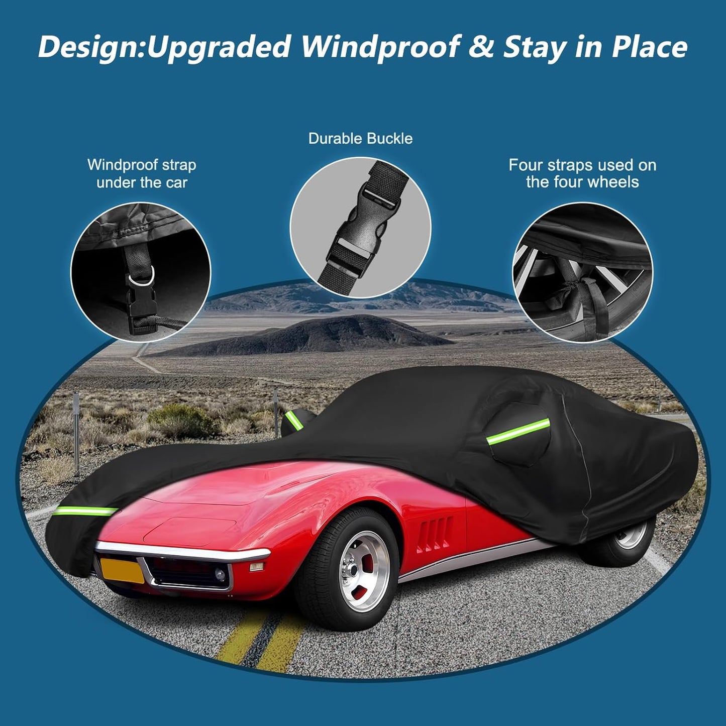 Windproof black car cover on a red sports car, featuring durable buckles, wheel straps, and an under-car strap to keep the cover securely in place.