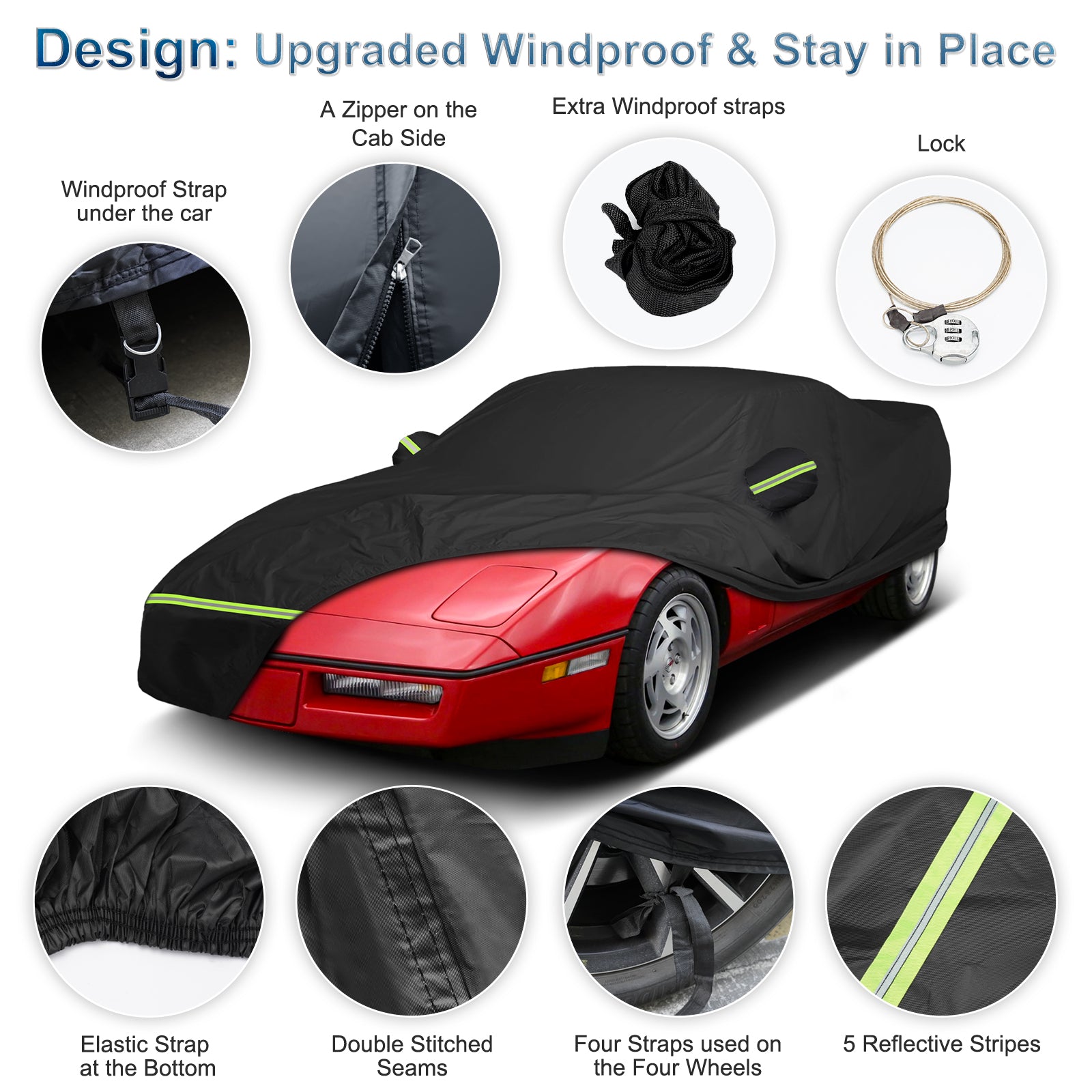 Windproof black car cover with security lock, zipper, and reflective stripes.