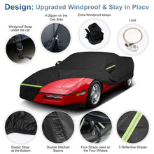 Load image into Gallery viewer, Windproof black car cover with security lock, zipper, and reflective stripes.
