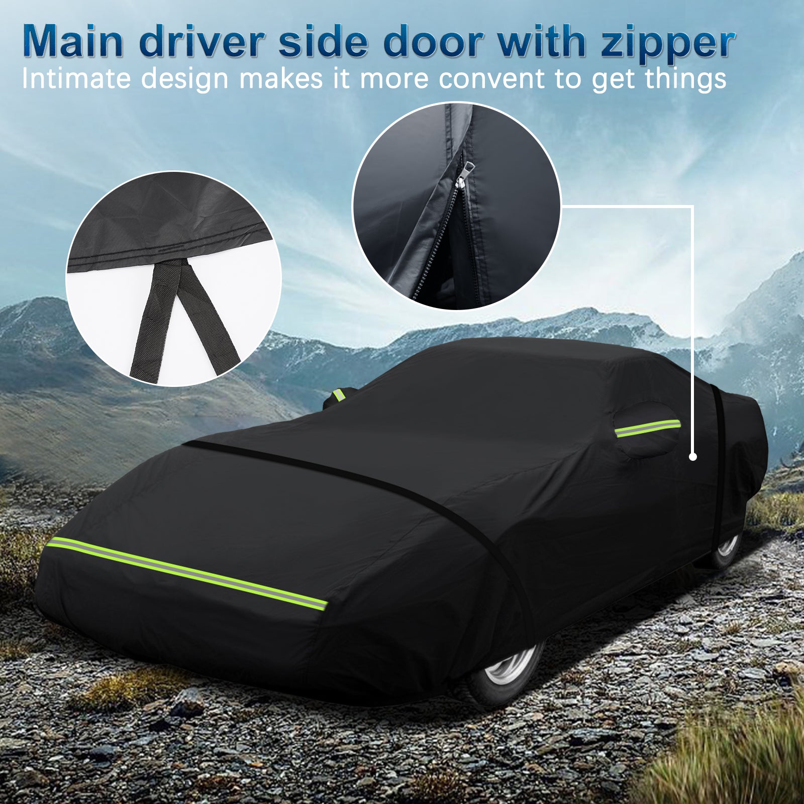 Windproof car cover with 4-wheel straps and elastic hem for storm protection.