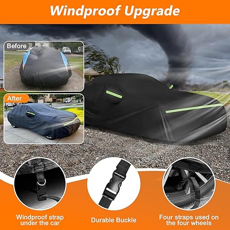 Windproof car cover with before and after comparison, showing a car being protected from strong winds.