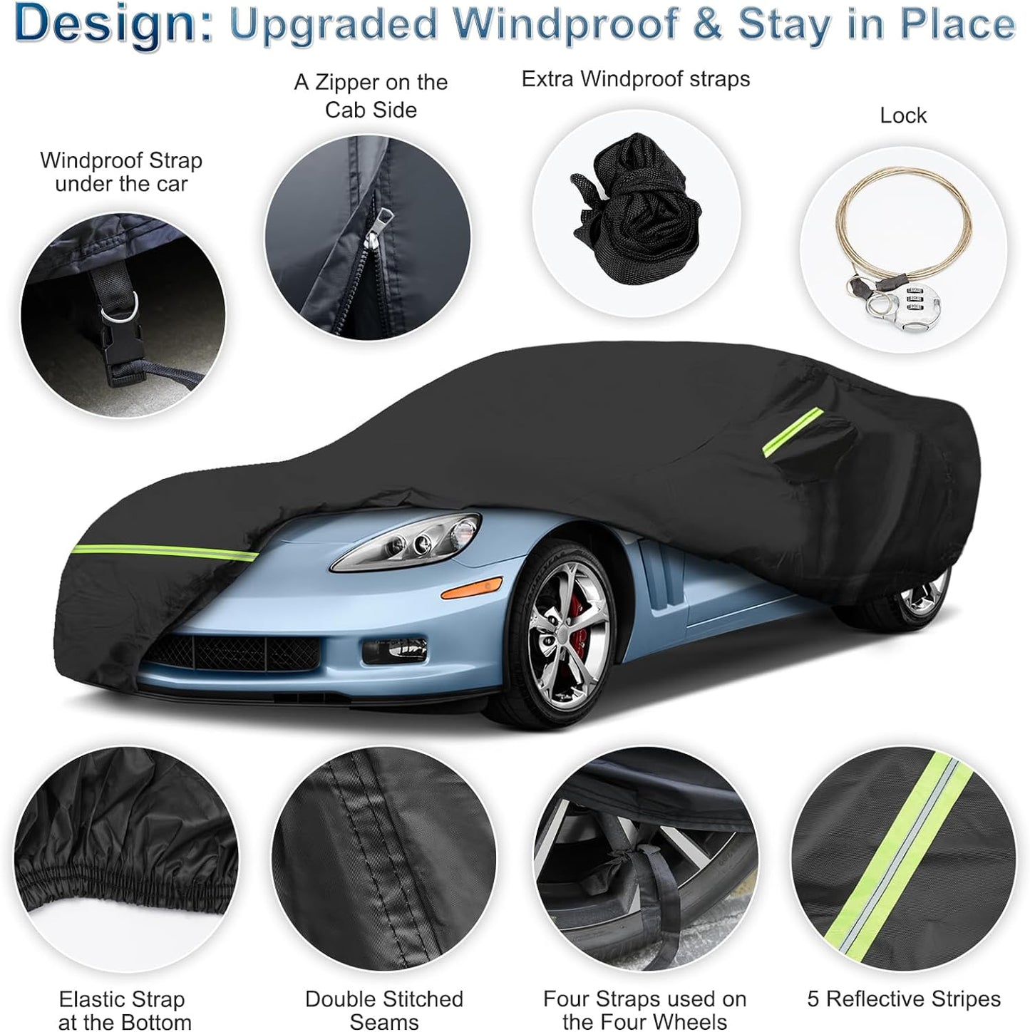 Windproof car cover with security lock, zipper, and wheel straps.