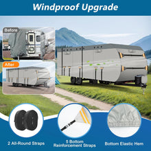 Load image into Gallery viewer, Windproof upgrade for an RV cover with before and after images, features, and mountain background.
