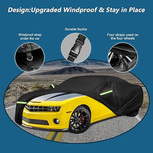 Load image into Gallery viewer, Yellow car covered with a black car cover on a road, with text and images highlighting features.
