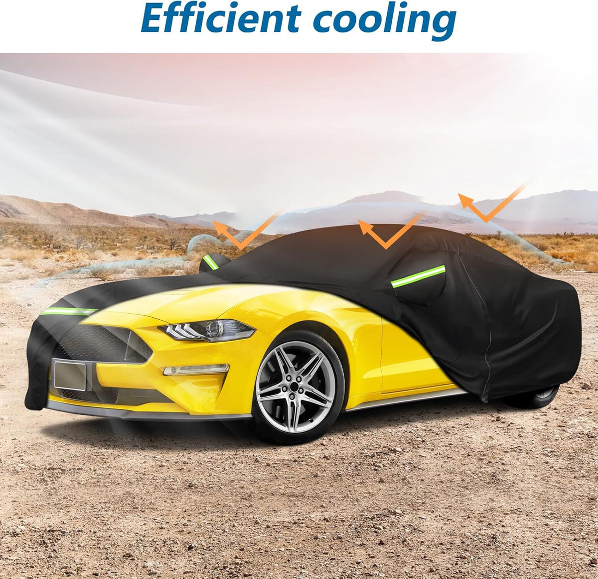 Yellow car partially covered with a black car cover in a desert setting with 'Efficient cooling' text.