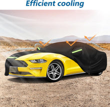 Load image into Gallery viewer, Yellow car partially covered with a black car cover in a desert setting with 'Efficient cooling' text.
