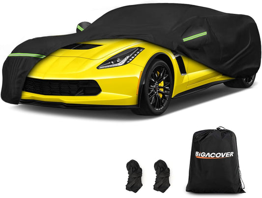 Yellow sports car with a black car cover, gloves, and a Bigacover bag on a white background