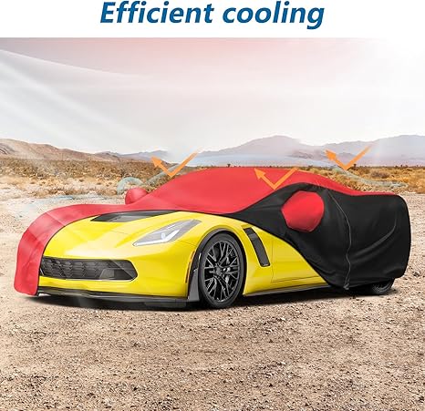 Yellow sports car with a red and black cover in a desert setting, labeled 'Efficient cooling'.
